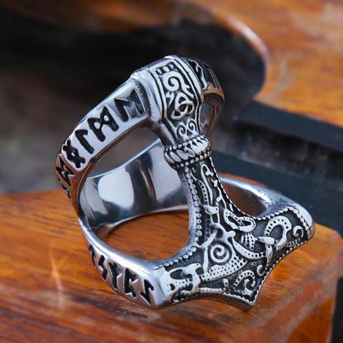 Viking ring met de hamer van Thor - Mjölnir, Bijoux, Sacs & Beauté, Bagues, Neuf, Homme, Argent, Fer ou Acier, Envoi
