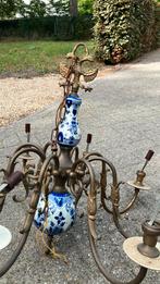 Kroonluchter messing en Delfts blauw + 2 wandlampen, Huis en Inrichting, Lampen | Kroonluchters, Ophalen, Gebruikt