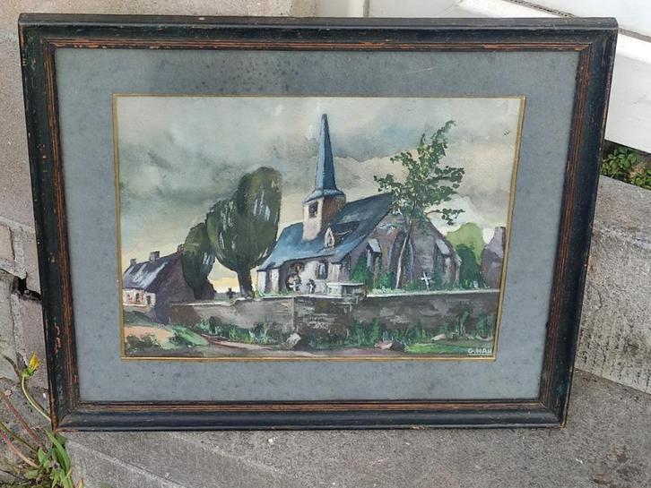 gouache vieille eglise en bretagne signe geoges hanse, Antiek en Kunst, Kunst | Schilderijen | Klassiek, Ophalen of Verzenden