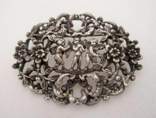 Putti, grote vintage broche van Miracle, amor, engel (7534-4, Handtassen en Accessoires, Broches, Zo goed als nieuw, Zilver, Ophalen