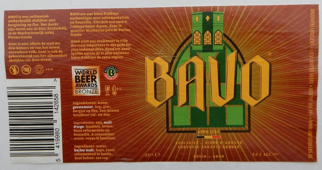 Bieretiket Bavo bruin Brouwerij Boelens (11x5), Verzenden, Gebruikt