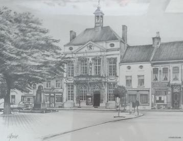 Potloodtekening van Assenede gemeentenhuis en markt in mooie beschikbaar voor biedingen