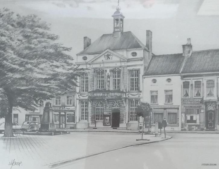 Potloodtekening van Assenede gemeentenhuis en markt in mooie, Antiek en Kunst, Kunst | Tekeningen en Fotografie, Ophalen