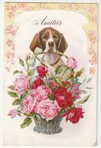 Amitiés  Vrienbdschap - Hond- en bloemenmand - in reliëf, Verzamelen, Postkaarten | Dieren, Gelopen, Verzenden, Hond of Kat