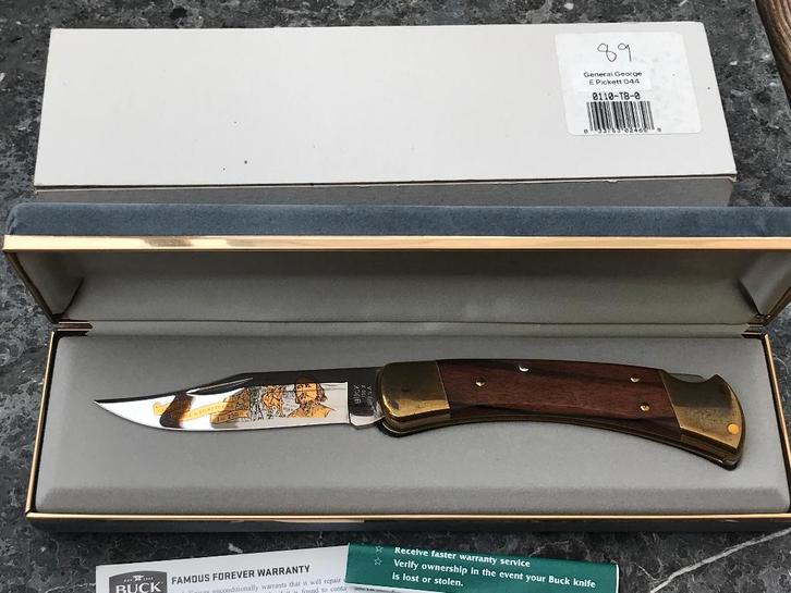 Buck 110, 1990, General George EPickett gravure commémorativ, Caravanes & Camping, Outils de camping, Comme neuf, Enlèvement ou Envoi