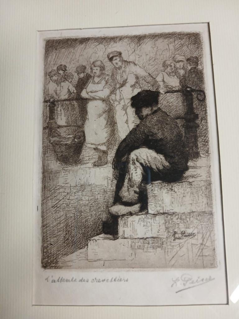ets gesigneerd kurt Peiser, titel L'attendre des crevettiers, Antiek en Kunst, Kunst | Etsen en Gravures, Ophalen of Verzenden