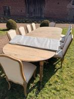 Massieve eiken eettafel 2-12 personen inclusief 10 stoelen, Ophalen, Gebruikt, 100 tot 150 cm, Eikenhout