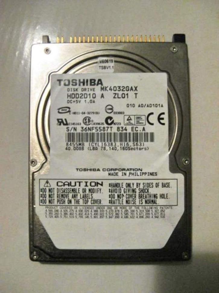 Toshiba MK4032GAX 40GB 5400rpm 2,5" IDE laptop harddisk, Computers en Software, Harde schijven, Gebruikt, Laptop, Intern, HDD