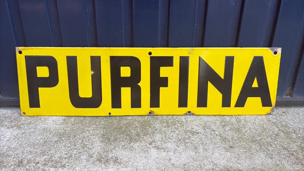 Purfina Fina benzinepomp emaille reclamebord, Ophalen of Verzenden, Gebruikt, Reclamebord