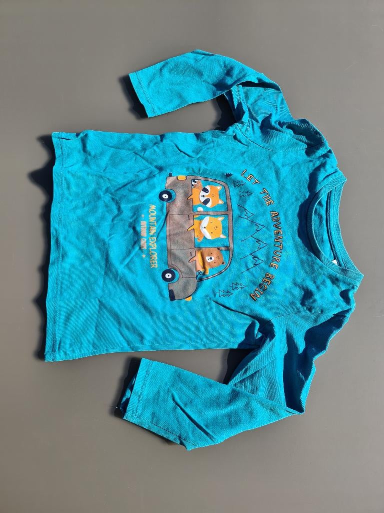 blauwe longsleef, t-shirt met beer, vos, wasbeer, CA, 98, Ophalen, Zo goed als nieuw