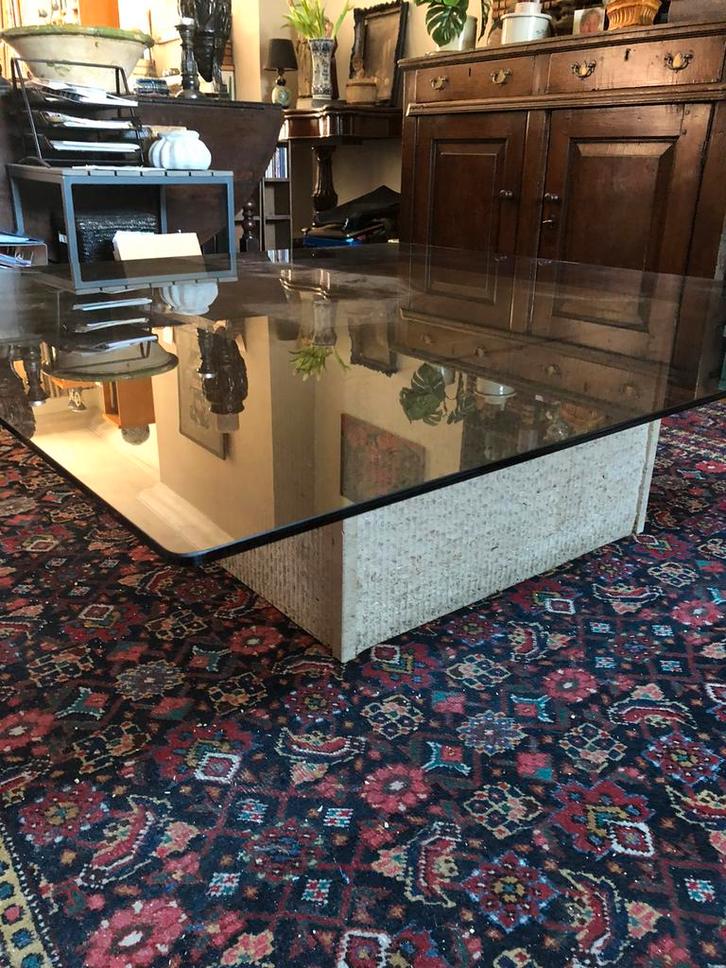 Marmeren salontafel met glazen topblad, Huis en Inrichting, Tafels | Salontafels, Glas, Ophalen