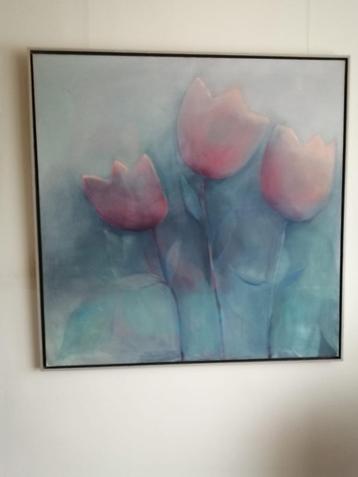 bloemen , tulpen op groot canvas schilderij 1.04 m op 1.04 m beschikbaar voor biedingen