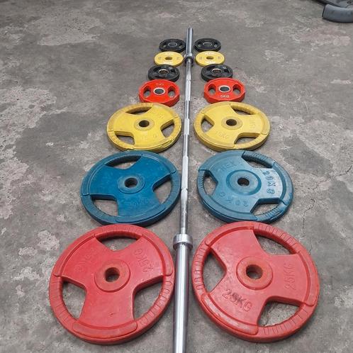 140 kilo Olympische Grip Gewichten Set + Barbell 220cm 20kg, Sport en Fitness, Fitnessmaterialen, Gebruikt, Halterset, Armen, Benen