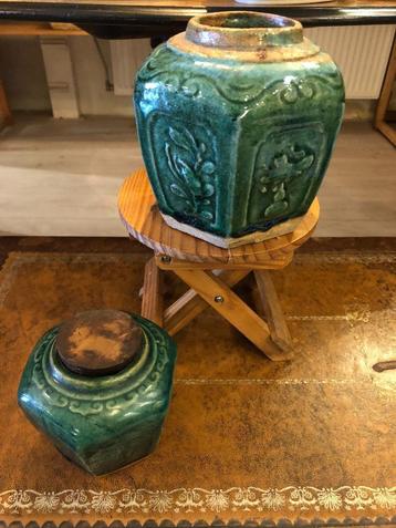 2 X Chinese Turquoise Groen Geglazuurde Shiwan Gemberpotjes. beschikbaar voor biedingen