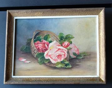 oud schilderij rozen in een mand beschikbaar voor biedingen