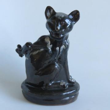 Statue vintage en terre cuite avec chat émaillé avec souris