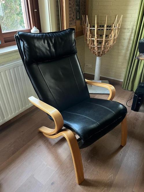 Retro relaxstoel, Huis en Inrichting, Stoelen, Gebruikt, Eén, Hout, Leer, Zwart, Ophalen