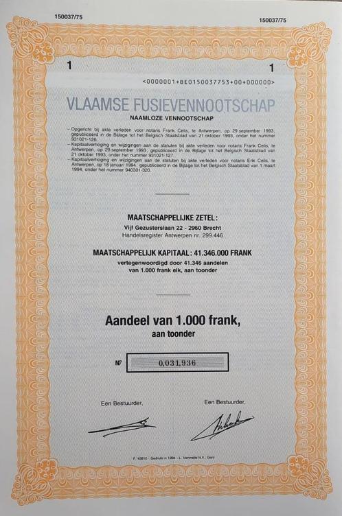 Vlaamse Fusievennootschap - Brecht - aandeel van 1000 frank, Postzegels en Munten, Aandelen en Waardepapieren, Aandeel, 1970 tot heden