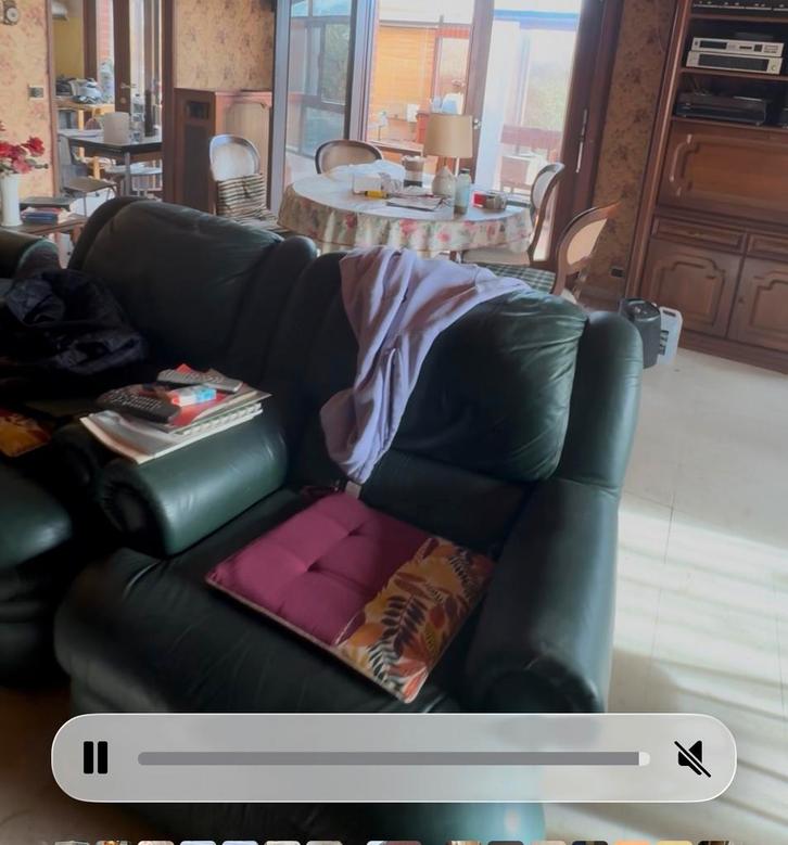 Fauteuil - salon - cuir vert foncé et salons en velours brun, Maison & Meubles, Canapés | Coins salons complets, Cuir, Enlèvement