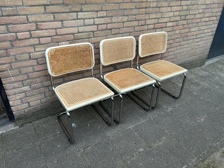 3 Vintage cesca webbing thonet stoelen, Marcel Breuer style, Huis en Inrichting, Stoelen, Gebruikt, Drie, Hout, Metaal, Wit, Ophalen