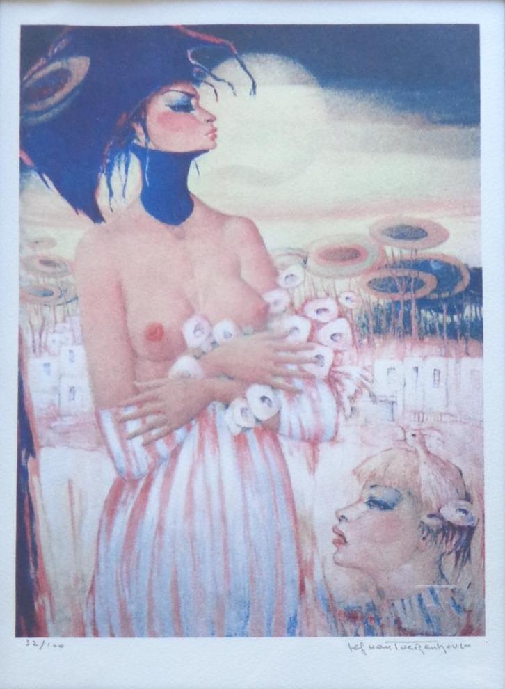 JEF VAN TUERENHOUT / KONINGIN / KLEURLITHO / 45x35cm / KADER, Antiek en Kunst, Kunst | Litho's en Zeefdrukken, Ophalen of Verzenden