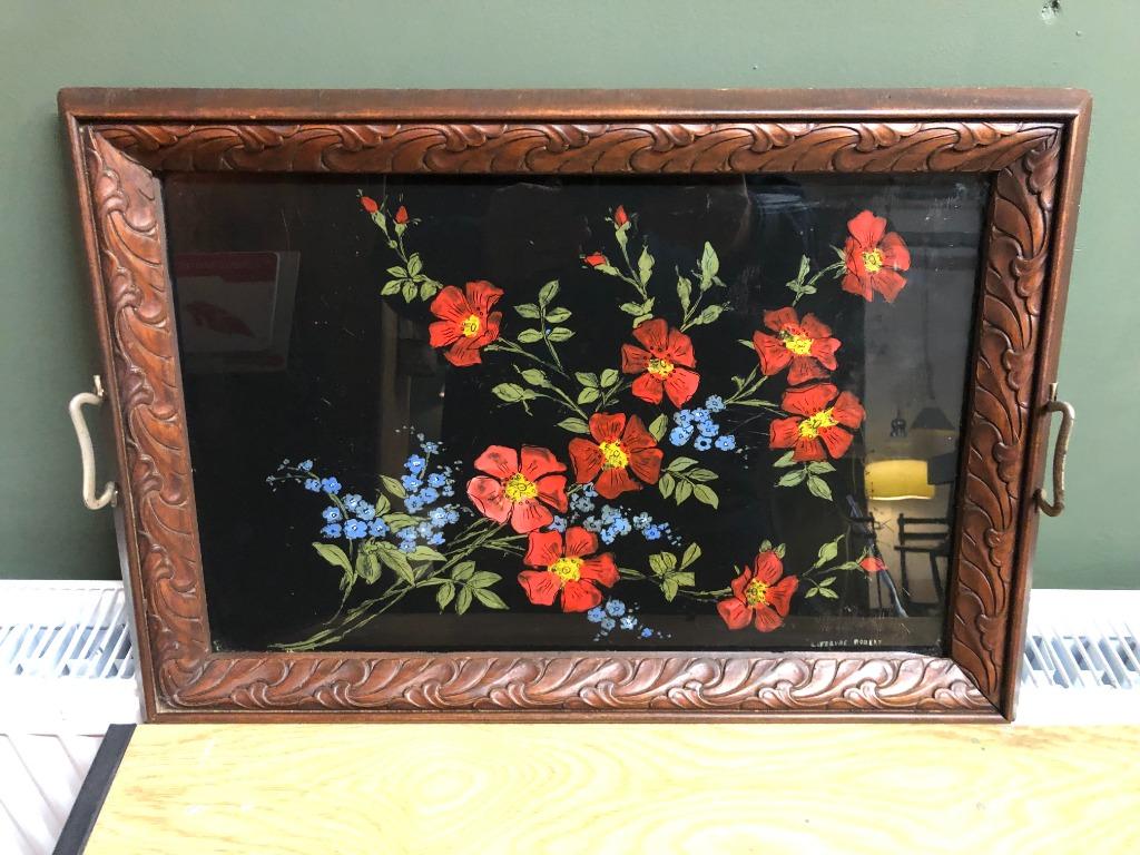 Antiek Groot dienblad met bloemstilleven., Antiek en Kunst, Ophalen of Verzenden