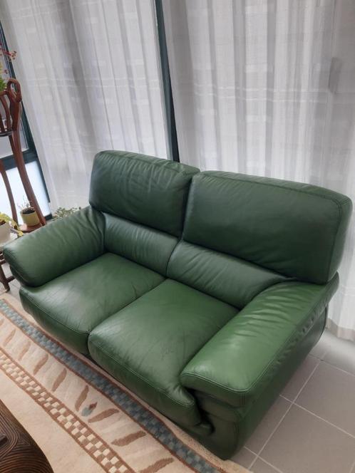zetel (tweezit) in leder (donker groen), Huis en Inrichting, Zetels | Zetels, Gebruikt, Rechte bank, Tweepersoons, 150 tot 200 cm