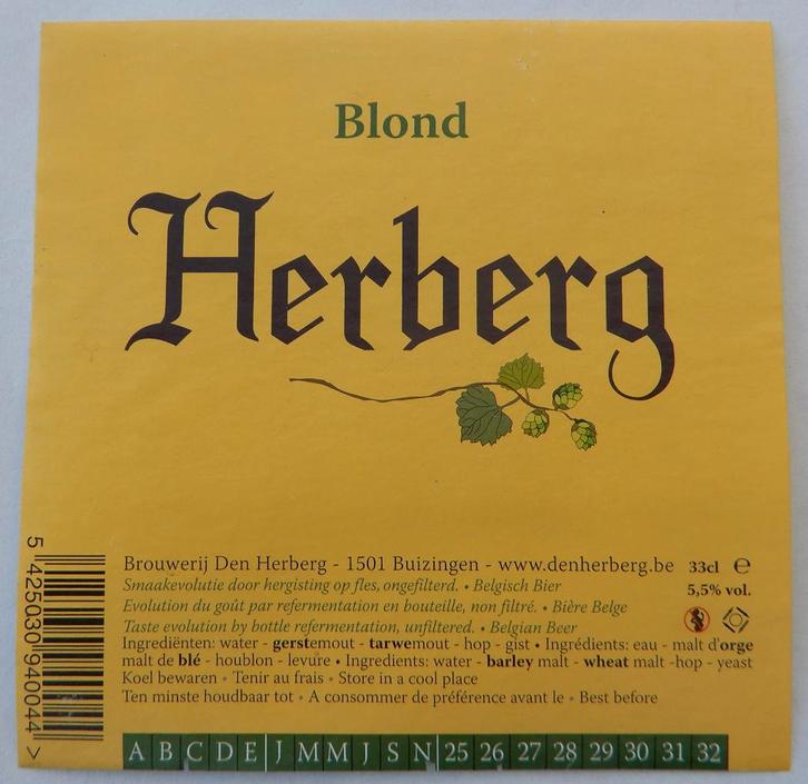 Bieretiket Herberg Blond Brouwerij Den Herberg (11r7), Verzamelen, Biermerken, Gebruikt, Verzenden