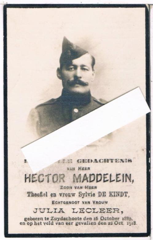 Soldaat. Maddelein Hector. ° Zuidschote 1889 † Vinkem 1918, Verzamelen, Bidprentjes en Rouwkaarten, Bidprentje, Ophalen of Verzenden