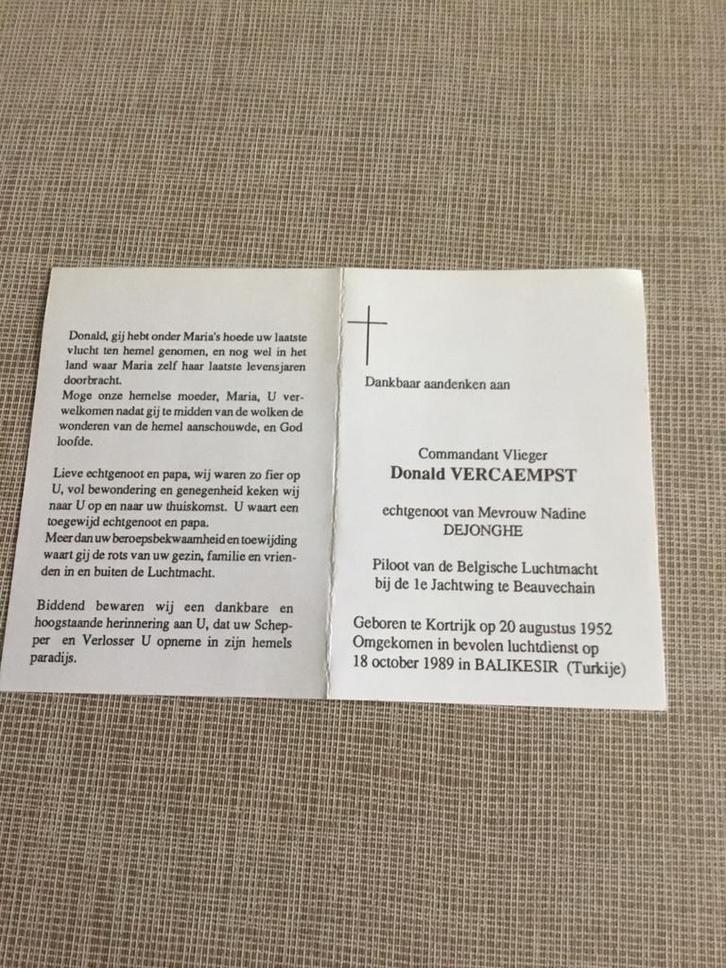 Soldaat Piloot F16 D.Vercaempst gesneuveld 1989 Turkije, Verzamelen, Bidprentjes en Rouwkaarten, Bidprentje, Verzenden