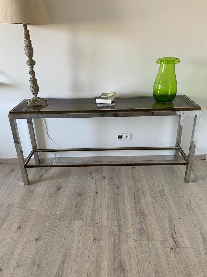 console vintage en verre et laiton, Antiek en Kunst, Antiek | Meubels | Tafels, Ophalen