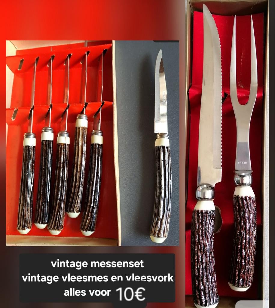 Vintage messenset en vleesvork met vleesmes, Antiek en Kunst, Ophalen of Verzenden