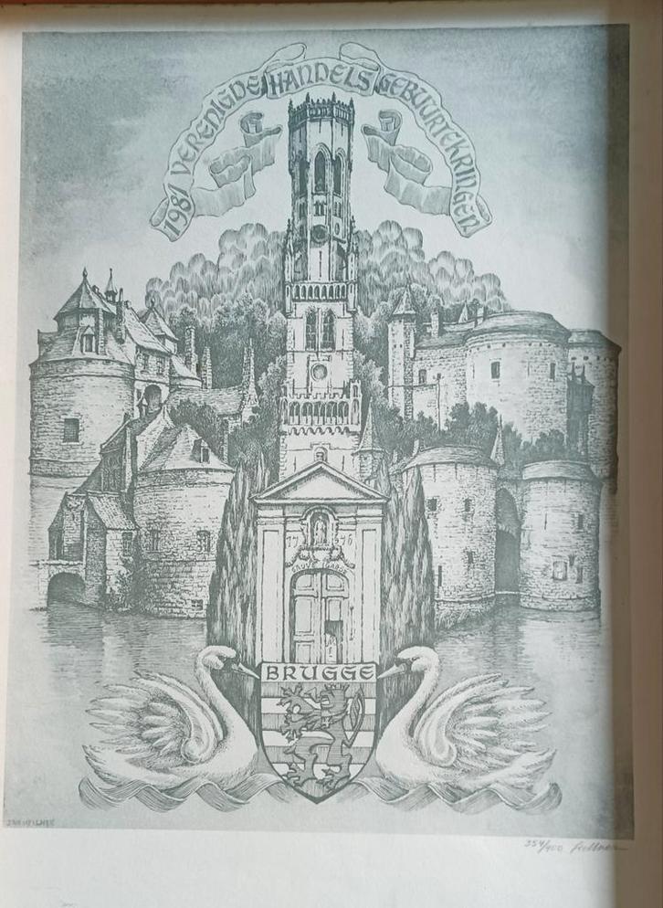 Tekening van Jan Kellner met Belfort Brugge, Antiek en Kunst, Kunst | Tekeningen en Fotografie, Ophalen of Verzenden