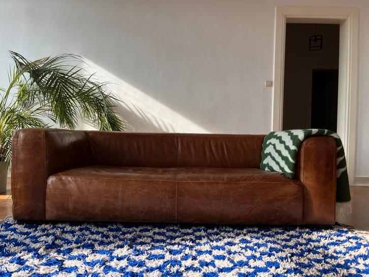 Stijlvolle bruine lederen zetel, Maison & Meubles, Canapés | Salons, Utilisé, Banc droit, Trois personnes, 200 à 250 cm, 75 à 100 cm