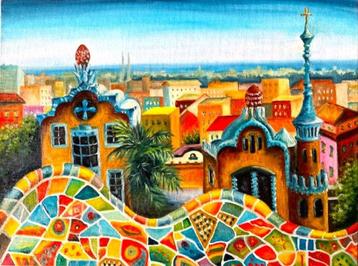 "Park Guell, Barcelona" (painting by Kuijken, 30x40 cm) beschikbaar voor biedingen
