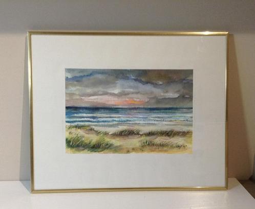Kleurige aquarel duinengras en de zee in verguld kader, Antiek en Kunst, Kunst | Schilderijen | Modern, Ophalen of Verzenden