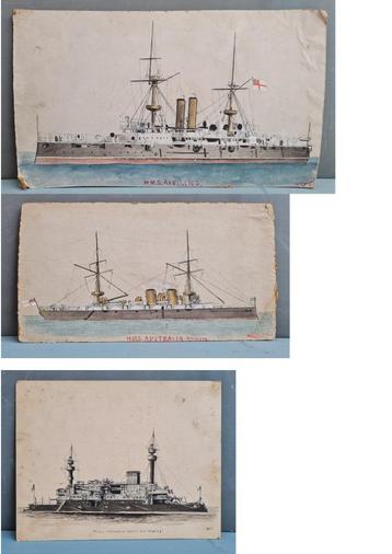 3 belles aquarelles : cuirassés Ramillies Australia Hoch, Enlèvement ou Envoi