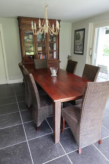 Donkerbruine houten tafel + 6 stoelen, Enlèvement, Utilisé, Donkerbruin Hout, 8 chaises ou plus