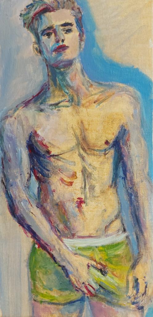 Mooi schilderij op doek van een stoere jongeman, Antiek en Kunst, Kunst | Schilderijen | Modern, Ophalen of Verzenden