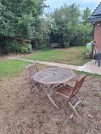 Terras tafel met 2 stoelen. Teak hout. Diameter 110 cm, Tuin en Terras, Ophalen, Zo goed als nieuw, Hout