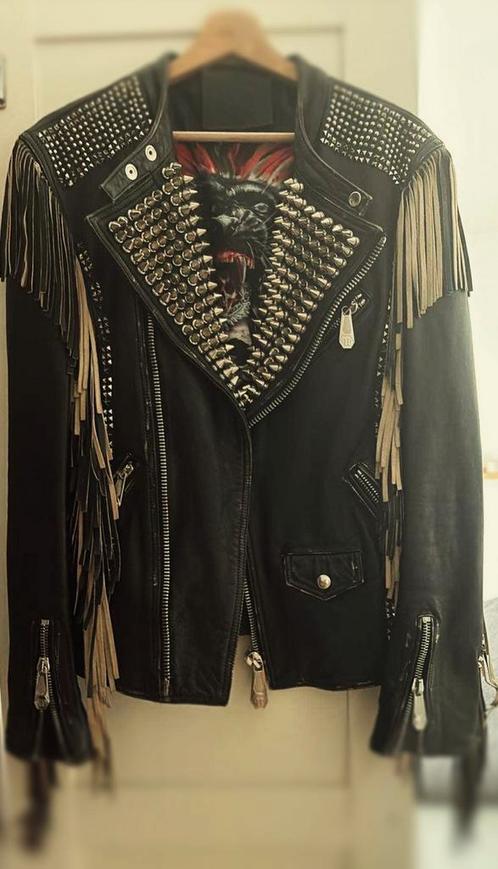 Philipp Plein Studded Leren Jas met Franjes, Kleding | Dames, Jasjes, Kostuums en Pakken, Zo goed als nieuw, Maat 38/40 (M), Zwart