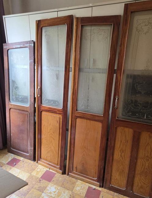 Oude scheepsdeuren geëtst glas, Doe-het-zelf en Bouw, Deuren en Vliegenramen, Gebruikt, Overige typen, Glas, Hout, Ophalen