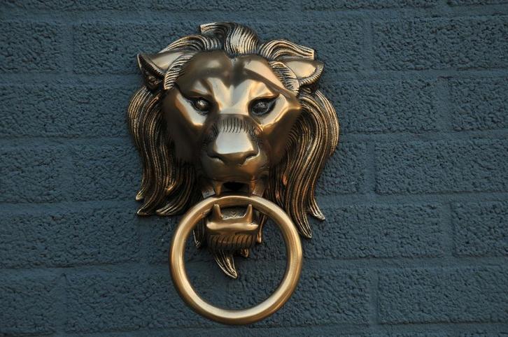 Forse aluminium-messingkleur impressie volle leeuwenkop., Antiek en Kunst, Kunst | Beelden en Houtsnijwerken, Ophalen of Verzenden