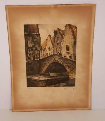 Roger hebbelinck : vieux pont de bruges gravure numérotée