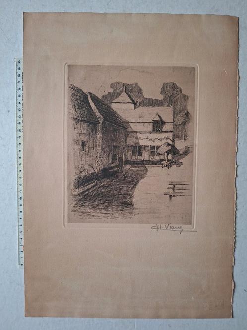 Ets Charles Viane "Landschap met enkele huizen en een bank", Antiek en Kunst, Kunst | Etsen en Gravures, Ophalen of Verzenden