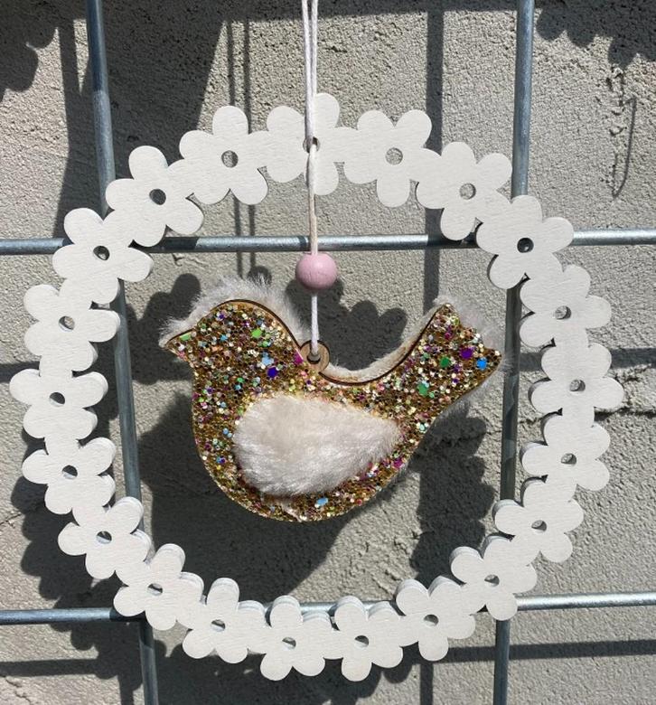 HOUT DECO KRANS NR 24 WIT VOGEL en GOUD NIEUW, Huis en Inrichting, Woonaccessoires | Wanddecoraties, Nieuw, Ophalen of Verzenden