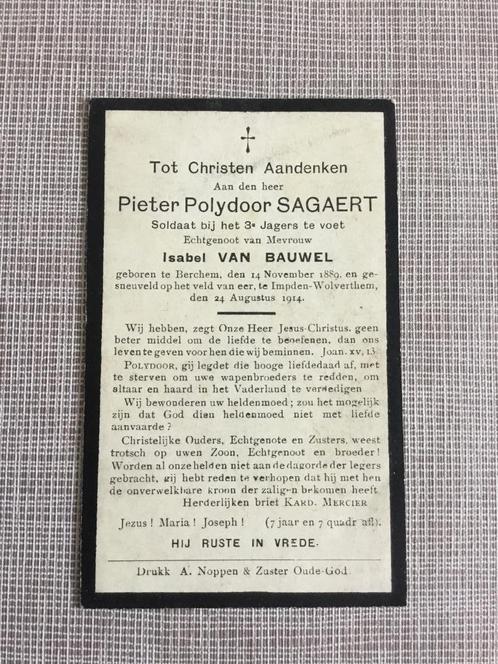Soldaat SagaertBerchem gesneuveld Imde Wolvertem 1914, Verzamelen, Bidprentjes en Rouwkaarten, Bidprentje, Verzenden