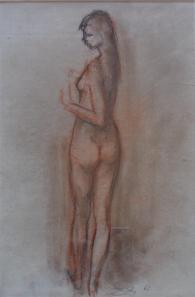 ONLEESBAAR / RUGGELINGS NAAKT / ORIGINEEL / 53x41cm / KADER, Antiek en Kunst, Kunst | Schilderijen | Modern, Ophalen of Verzenden