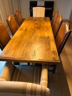 Table monastère en chêne avec rallonge + 6 chaises en cuir, Antiquités & Art, Enlèvement