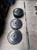 70kg Bumperplates + Olympische Barbell 220cm ,20kg, Sport en Fitness, Ophalen, Gebruikt, Halterschijven